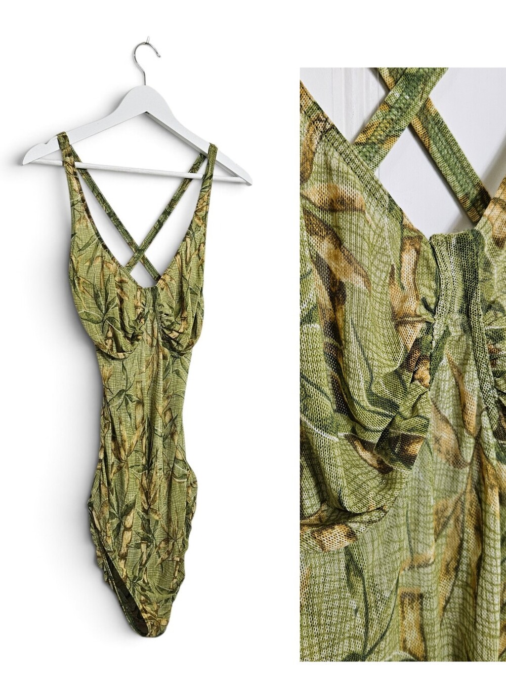Vintage Solar Tan Thru Swimsuit 14 One Piece Underwire Palm Leaf Green Retro Y2K